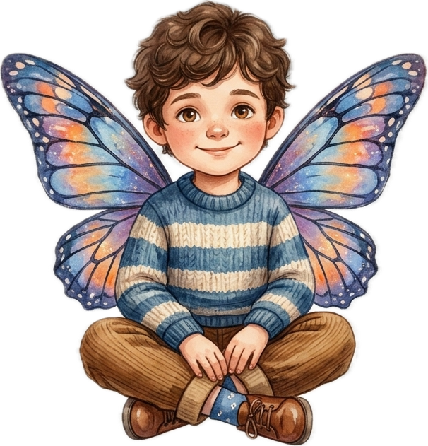 Ilustrace sedícího dítěte s motýlími křídly